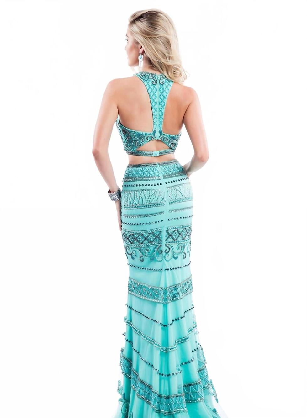 NEW RACHEL ALLAN two-piece beaded jersey evening gown in mint - Picture 2 of 2